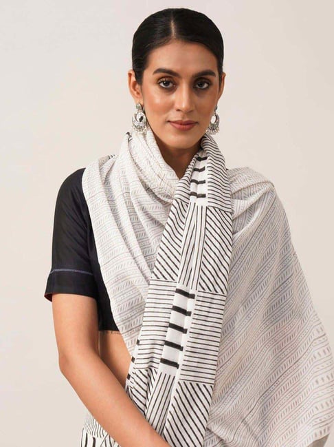 Jaypore White Striped Hand Woven Saree