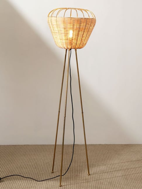 FIG Living Meiji Beige Wood Tripod Tapered Dome Floor Lamp