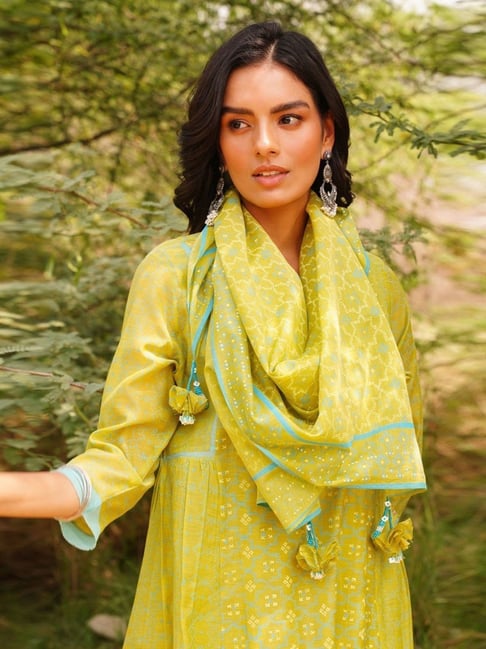 Jaypore Lime Green Cotton Silk Block Print Stoles