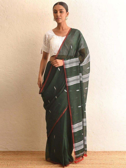 Jaypore Green Cotton Hand Woven Saree-image-29