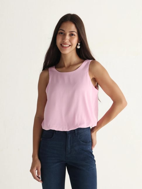 RAREISM Pink Satin Solid Crop Top-picture-39