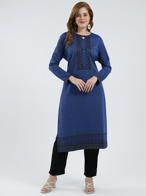 Monte Carlo Blue Blend Wool Woven Design Kurti-picture-36