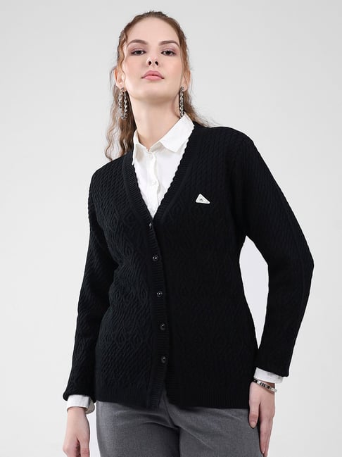 Monte Carlo Black Blend Wool Woven Design Cardigan-image-23