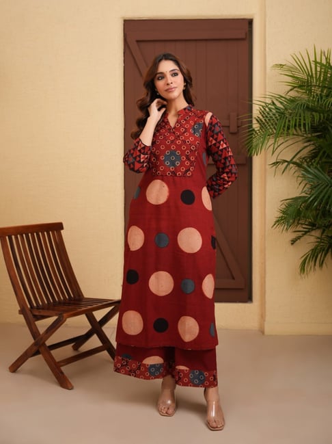 Love Chic Maroon Ajrakh Printed Straight Kurta With Palazzo
