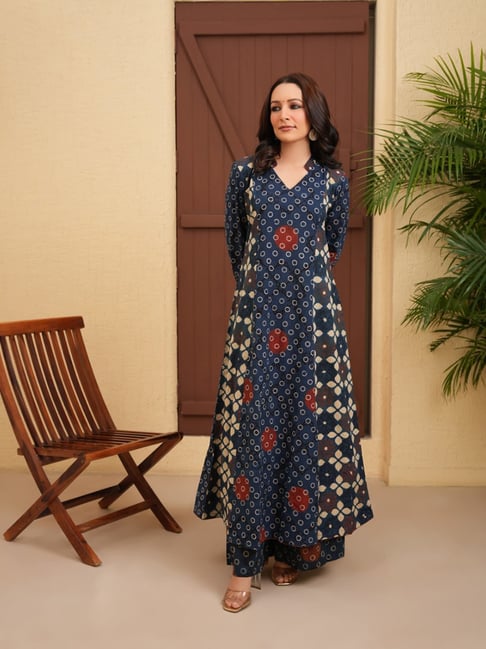 Love Chic Indigo Ajrakh Printed A-Line Kurta With Palazzo