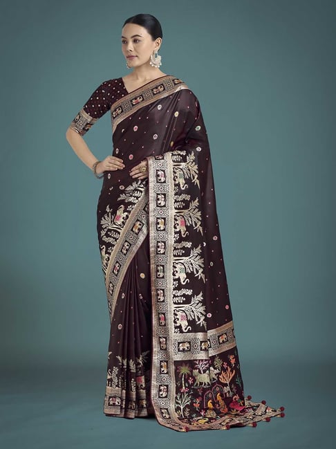 Monjolika Fashion Maroon Banarasi Satin Silk Regular Fit Saree-picture-38