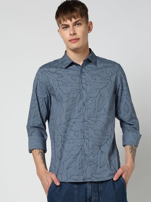GAP Blue Cotton Slim Fit Print Shirt
