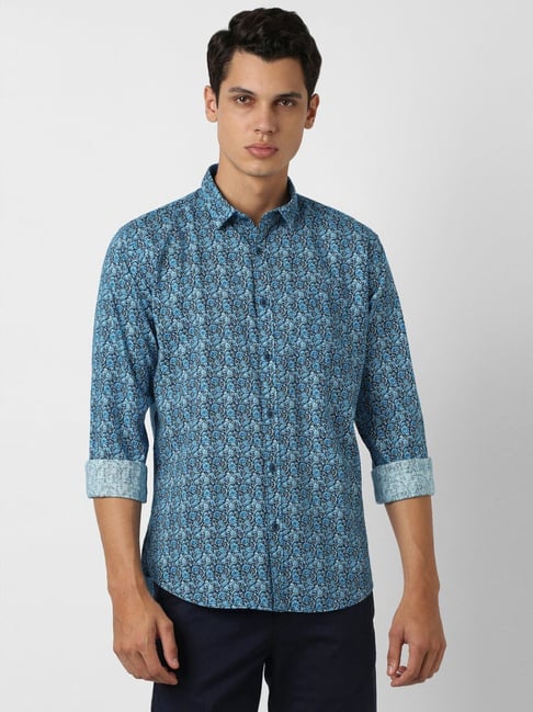 Van Heusen Blue Cotton Slim Fit Printed Shirt