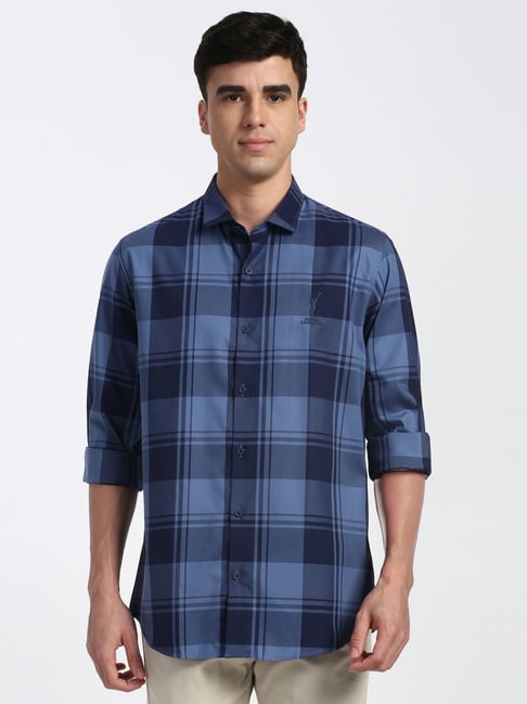 Peter England Blue Cotton Slim Fit Checks Shirt-picture-14