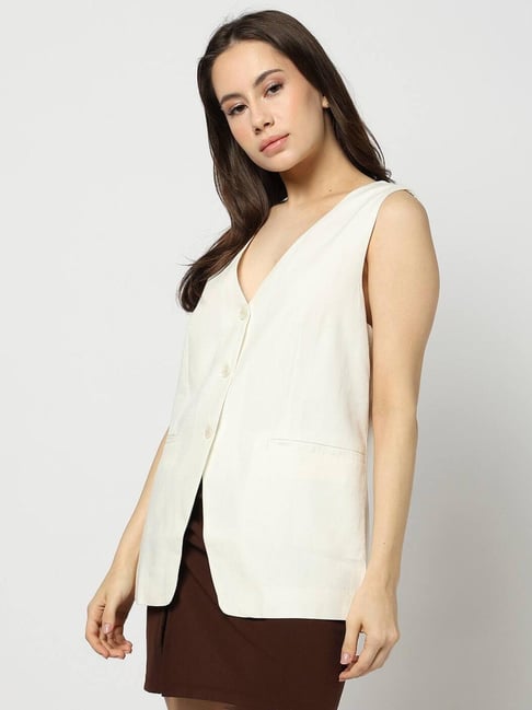 GAP Off White Regular Fit Solid Waist Coat