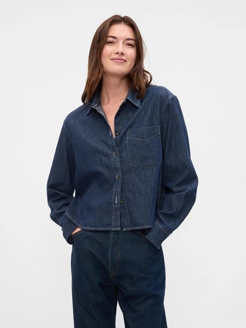 GAP Dark Blue Relaxed Fit Solid Denim Shirt