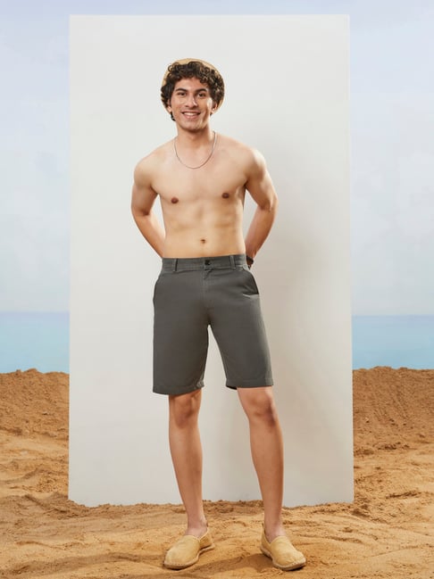 CMGE Grey Polyester Solid Mid Rise Shorts-picture-15