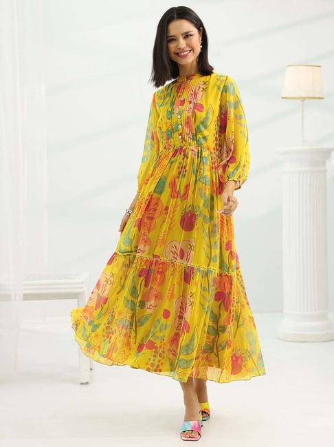Libas Mustard Flared Fit Floral Print Dress-picture-40