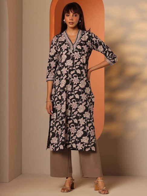 Libas Black Cotton Straight Fit Floral Print Kurta-picture-17