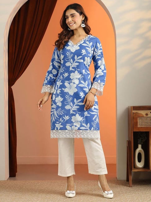 Libas Blue Cotton Straight Fit Floral Print Kurta-picture-22
