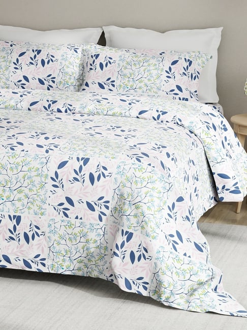 Boutique Living Embrace Blue & Pink Cotton Floral 152 TC King Flat Bedsheet with 2 Pillow Covers-picture-42