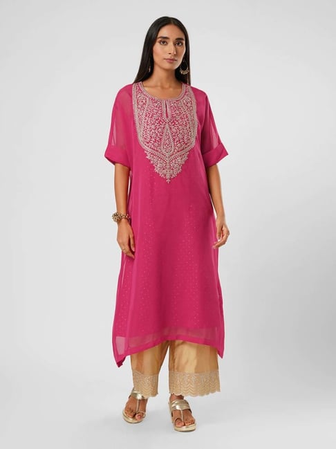 Rangmanch By Pantaloons Pink Comfort Fit Embroidered Kurta-picture-10
