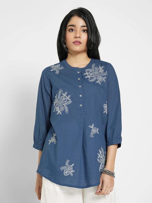 Akkriti By Pantaloons Blue Cotton Regular Fit Embroidered Tunic-picture-40