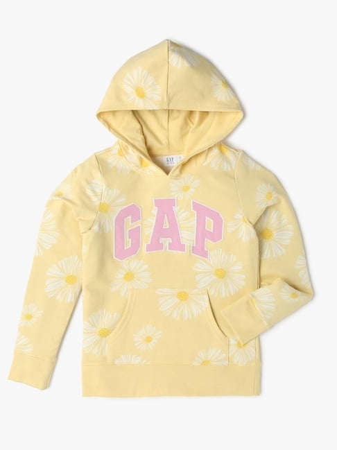 GAP Girls Yellow Cotton Floral Hoodie - Main Image