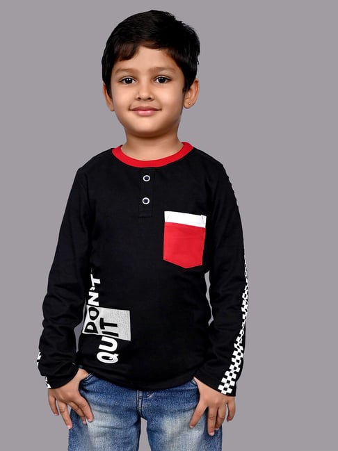 3PIN Boys Black Cotton Printed T-Shirt