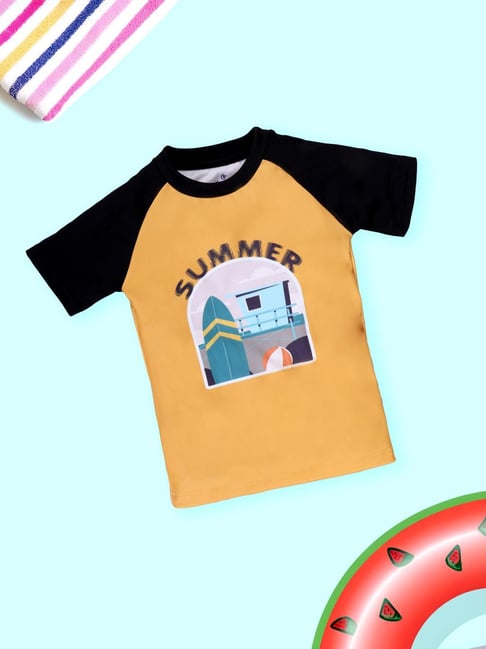 Kiddopanti Boys Mustard and Black Printed Regular Fit Swim T-Shirt-picture-32
