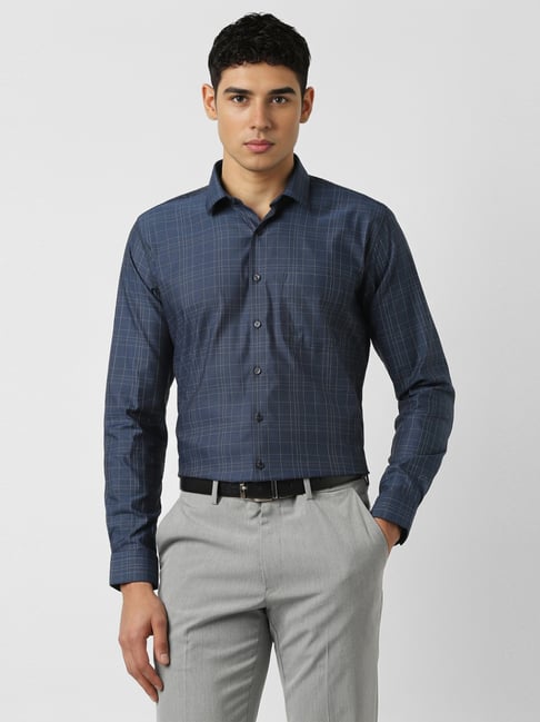 Van Heusen Navy Cotton Slim Fit Checks Shirt-picture-18