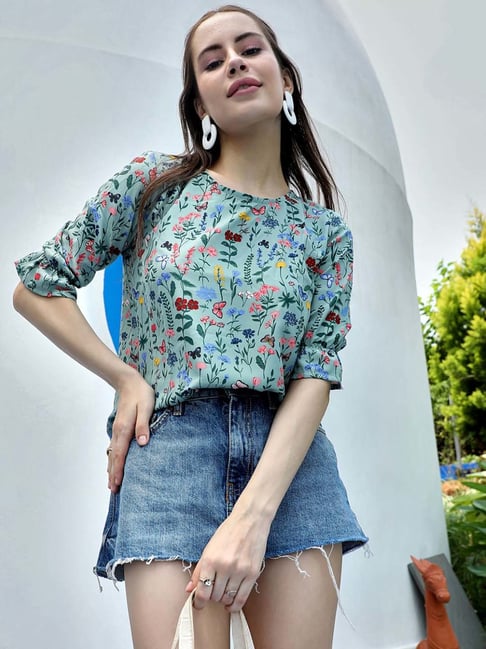 Pinacolada Green Regular Fit Floral Print Top-picture-24