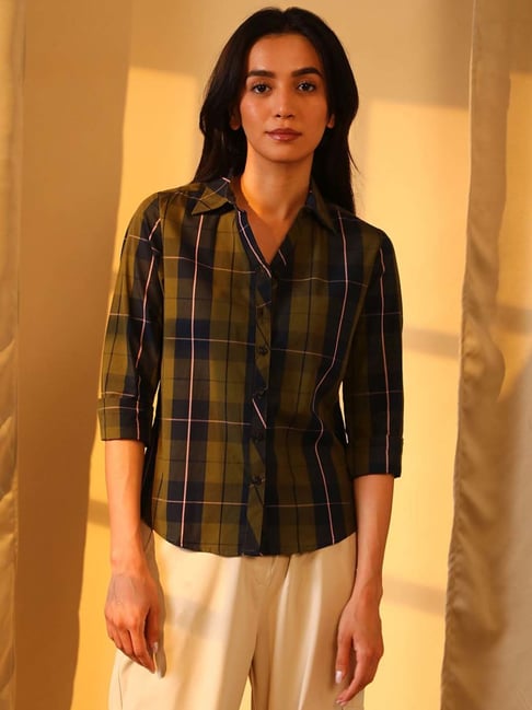 Pinacolada Green Cotton Regular Fit Checked Shirt-picture-19