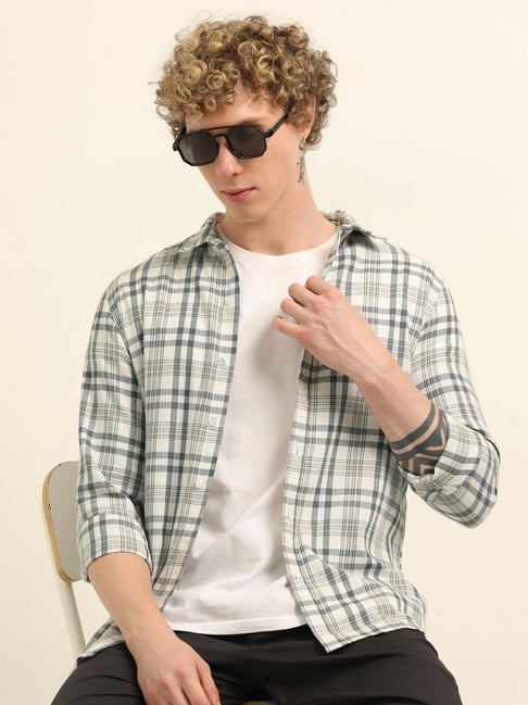 Bushirt Cream 100% Cotton Checked Shirt
