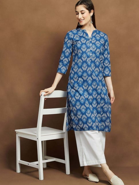 Melange By Lifestyle Indigo Cotton Regular Fit Printed Kurta-picture-17