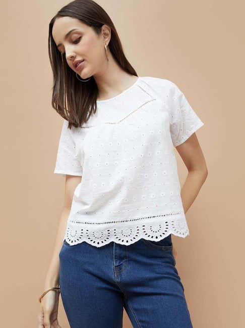 Fame Forever By Lifestyle Off White Cotton Regular Fit Embroidered Top-picture-17