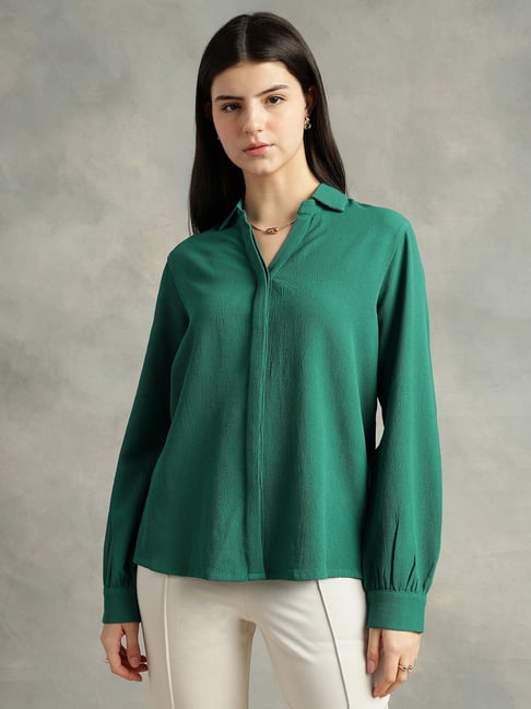 Strong Brave Women Green Shirt Collar Crepe Full Sleeves
