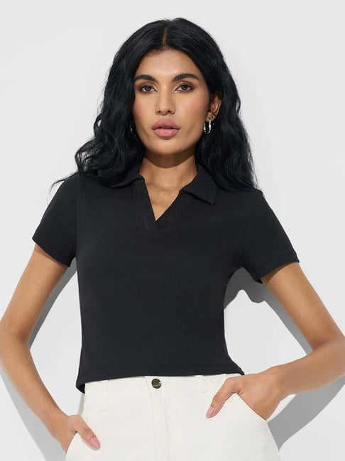 Sf Jeans By Pantaloons Jet Black Cotton Slim Fit Polo Top-picture-31