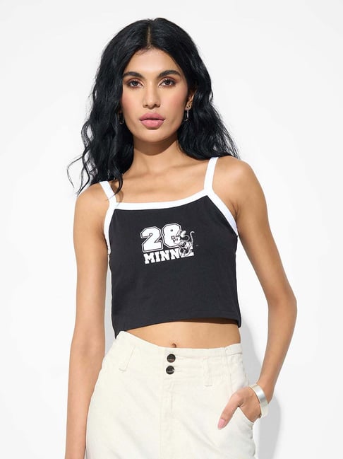 Sf Jeans By Pantaloons Jet Black Cotton Slim Fit Printed Crop Top-picture-19