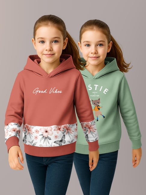 HELLCAT Girls Brown & Sea Green Printed Hoodie - Pack of 2
