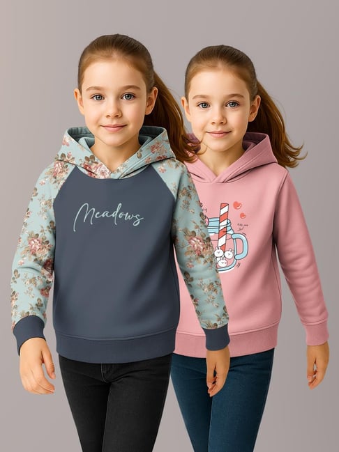 HELLCAT Girls Dark Grey & Pink Printed Hoodie - Pack of 2