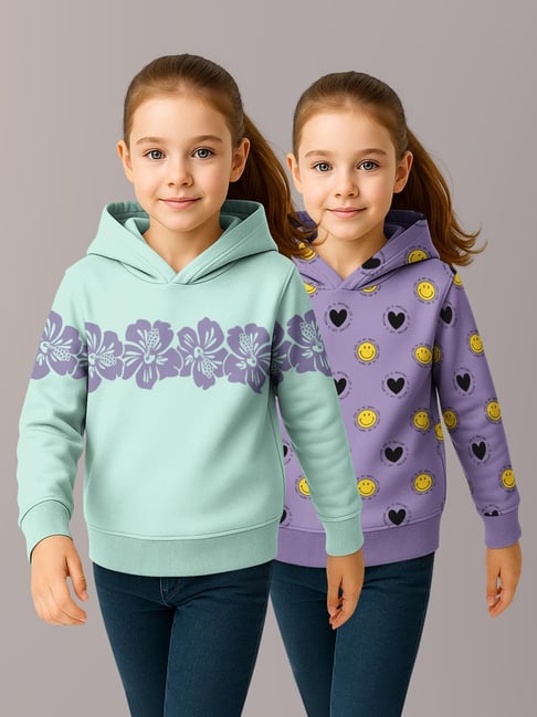 HELLCAT Girls Mint Green & Lavender Printed Hoodie - Pack of 2