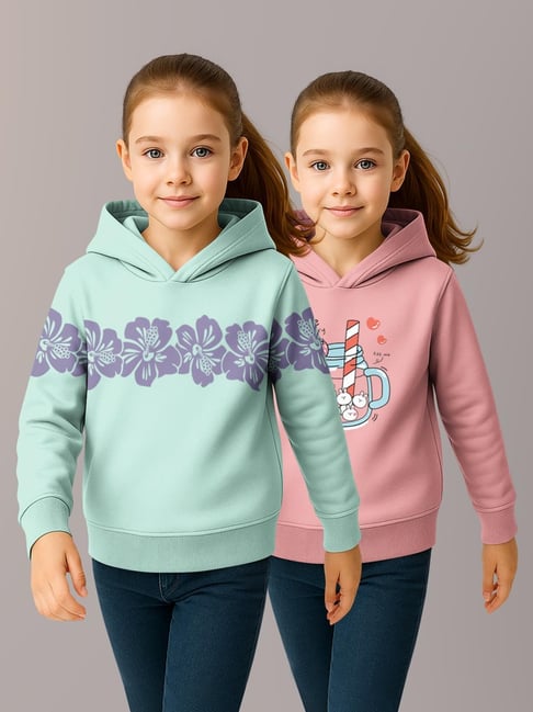 HELLCAT Girls Mint Green & Pink Printed Hoodie - Pack of 2