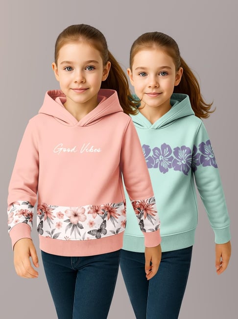 HELLCAT Girls Peach & Mint Green Printed Hoodie - Pack of 2