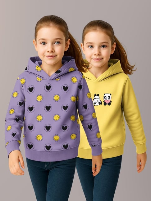 HELLCAT Girls Lavender & Yellow Printed Hoodie - Pack of 2