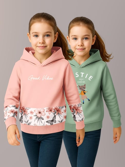 HELLCAT Girls Peach & Sea Green Printed Hoodie - Pack of 2