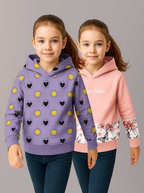 HELLCAT Girls Lavender & Peach Printed Hoodie - Pack of 2