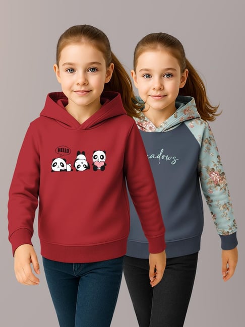 HELLCAT Girls Maroon & Dark Grey Printed Hoodie - Pack of 2