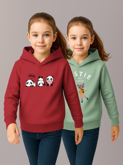 HELLCAT Girls Maroon & Sea Green Printed Hoodie - Pack of 2