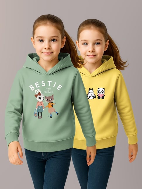 HELLCAT Girls Sea Green & Yellow Printed Hoodie - Pack of 2