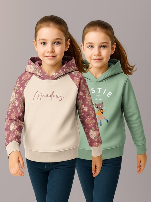 HELLCAT Girls Brown & Sea Green Printed Hoodie - Pack of 2