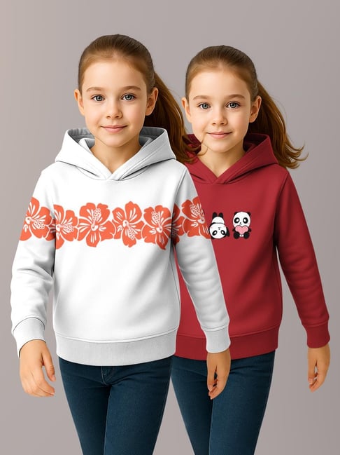 HELLCAT Girls White & Maroon Printed Hoodie - Pack of 2