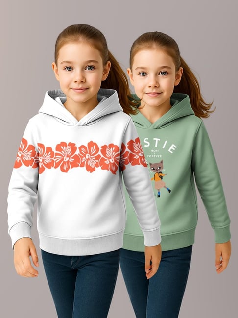 HELLCAT Girls White & Sea Green Printed Hoodie - Pack of 2