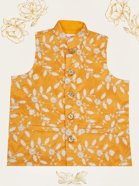 Little Bansi Boys Yellow Embroidered Regular Fit Waistcoat