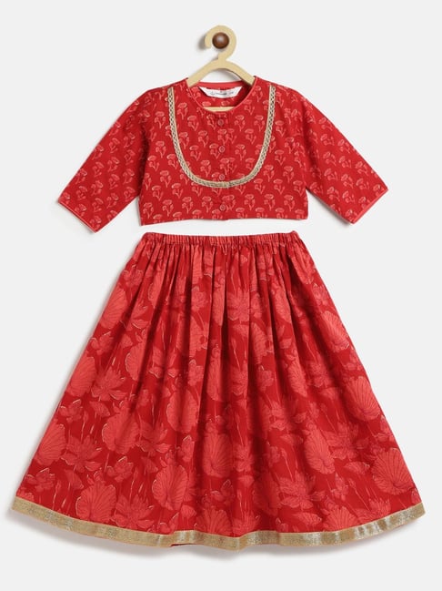 Campana Girls Red Cotton Flared Fit Floral Print Lehenga Choli-picture-25